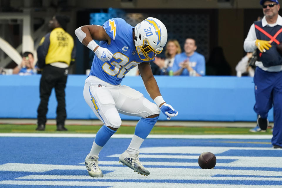 Los Angeles Chargers running back Austin Ekeler (30) celebrates his touchdown during the first half of an NFL football game against the Los Angeles Rams Sunday, Jan. 1, 2023, in Inglewood, Calif. (AP Photo/Marcio Jose Sanchez)