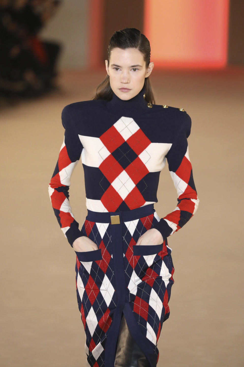 A model wears a creation for the Balmain fashion collection during Women's fashion week Fall/Winter 2020/21 presented in Paris, Friday, Feb. 28, 2020. (Photo by Vianney Le Caer/Invision/AP)