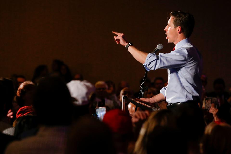 Senator elect Josh Hawley speaks to the crowd at the Greene County Republican's watch party at the University Plaza hotel on Tuesday, Nov. 6, 2018.