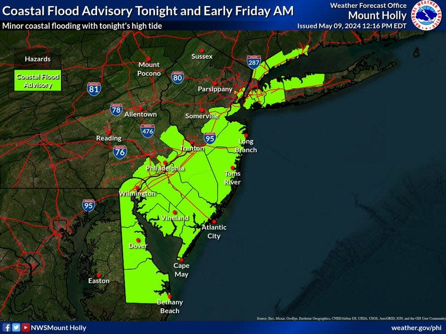 The National Weather Service warned of high tides and minor coastal flooding along the Delaware River for early Friday, May 10.