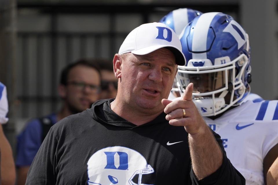 Duke head coach Michael Elko gestures before the game against Northwestern of an NCAA college football game, Saturday, Sept.10, 2022, in Evanston, Ill. (AP Photo/David Banks)