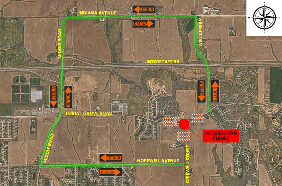 June 4 Criswell St. and Forest Grove Dr. intersection closure map (City of Bettendorf)