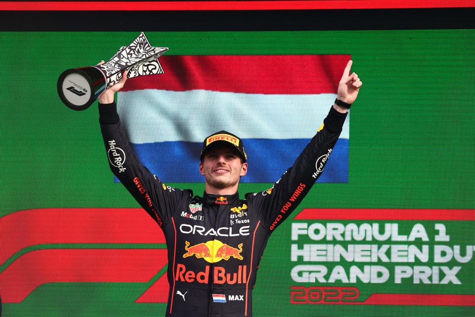 Max Verstappen, pictured here on the podium after winning the Dutch Grand Prix.