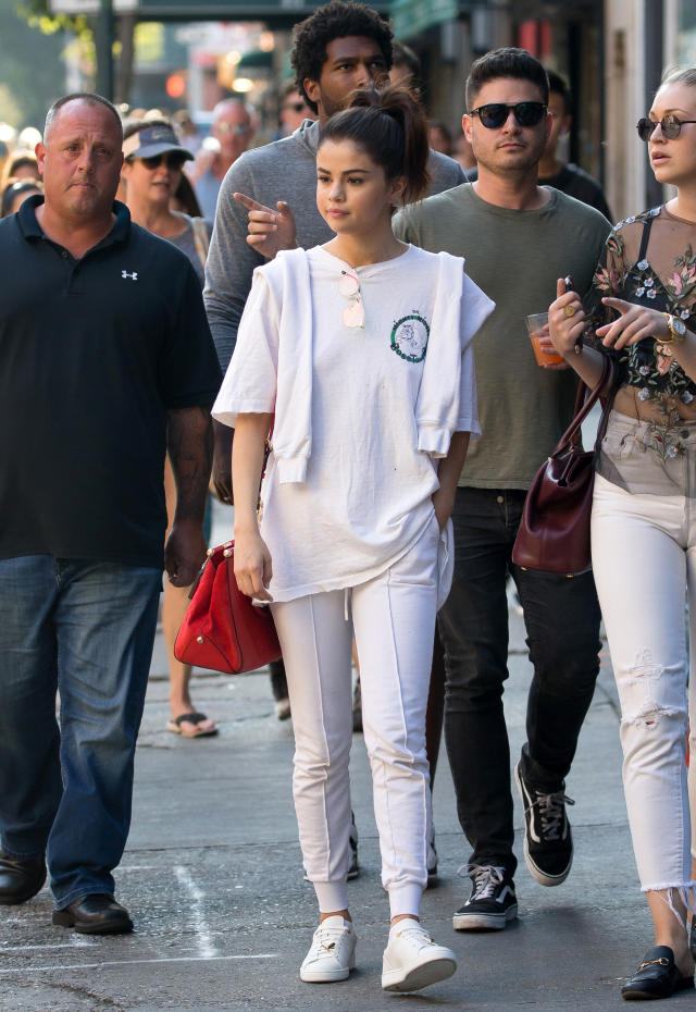 Selena Gomez: Denim Frayed-Hem Coat & Pants