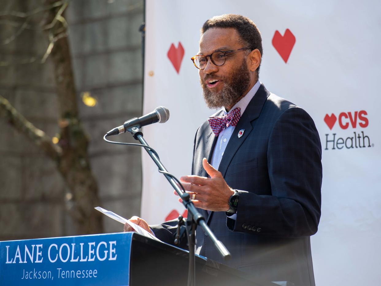 Lane College President Dr. Logan Hampton speaks during the Grand Opening of the Lane College and CVS Health WITC in Jackson, Tenn. on Tuesday, Apr. 11, 2023.