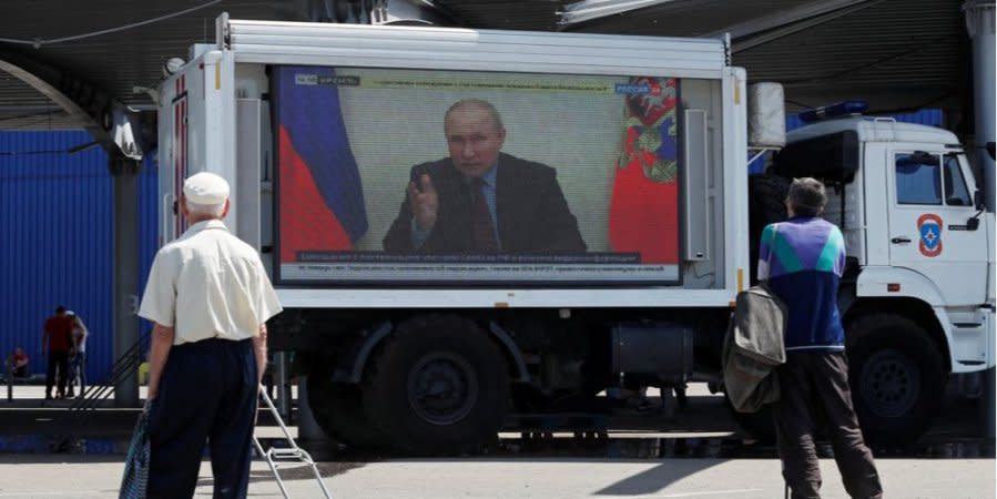 A Russian mobile propaganda truck in Mariupol, Ukraine, on May 30, 2022. The city is entirely cut off from outside communications.