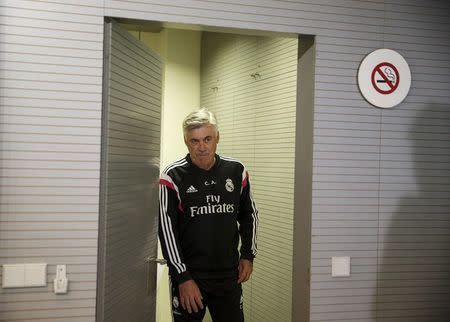 Real Madrid coach Carlo Ancelotti arrives for a news conference at Valdebebas, outside Madrid, Spain, May 22, 2015. REUTERS/Andrea Comas