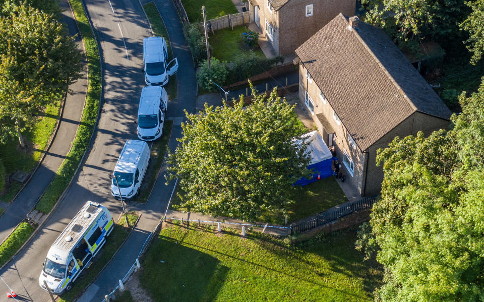 Police at a home in Killamarsh, Sheffield, where it is believed 4 bodies have been found. September 20 2021. See SWNS story SWLEmurder; A man has been arrested and a major incident declared by police probing a murder after four people were found dead in a house. Cops made the grisly discovery on Sunday morning after being called out to a home in Killamarsh, Derbyshire, after concerns were raised about the people living there. Derbyshire Police said they were not looking for anyone else in connection with the deaths.