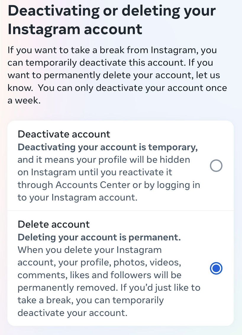 Disabling/deleting Instagram