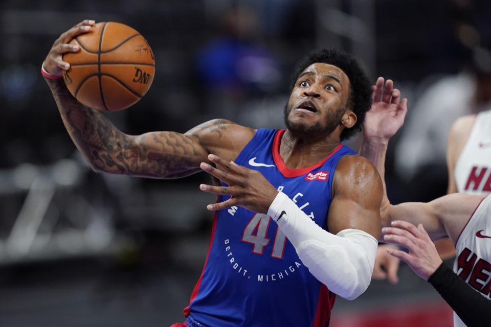 Detroit Pistons forward Saddiq Bey plays during the second half of an NBA basketball game against the Miami Heat, Sunday, May 16, 2021, in Detroit. (AP Photo/Carlos Osorio)