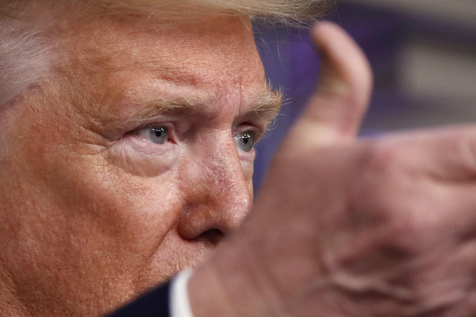 President Donald Trump speaks about the coronavirus in the James Brady Press Briefing Room of the White House, Tuesday, April 7, 2020, in Washington. (AP Photo/Alex Brandon)