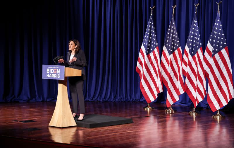 Democratic U.S. vice presidential nominee Kamala Harris delivers campaign speech in Washington