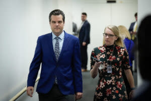 Rep. Matt Gaetz, who filed the motion to vacate against House Speaker Kevin McCarthy, leaves a House Republican Conference meeting at the U.S. Capitol