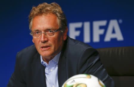 FILE PHOTO: FIFA secretary general Jerome Valcke addressing a news conference after a meeting of the FIFA executive committee in Zurich September 26, 2014. Reuters/Arnd Wiegmann/Files Picture Supplied by Action Images