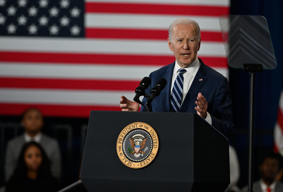 GREENSBORO, USA - APRIL 14: US President Joe Biden delivering remarks on his Administrationâs efforts to make more in America, rebuild our supply chains here at home, and bring down costs for the American people as part of Building a Better America in Greensboro, NC, on April 14, 2022. (Photo by Peter Zay/Anadolu Agency via Getty Images)