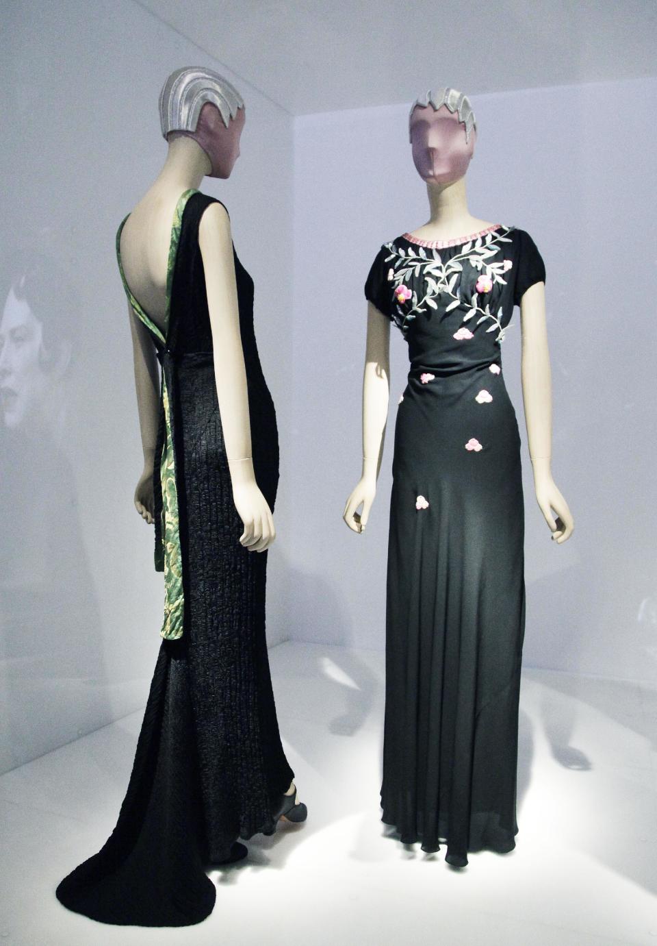 Elsa Schiaparelli evening dresses from the 1930's are are on display at the Metropolitan Museum of Art, Monday, May 7, 2012 in New York. The  show "Schiaparelli and Prada, Impossible Conversations," opens May 10 and continues through Aug. 19. (AP Photo/Mark Lennihan)