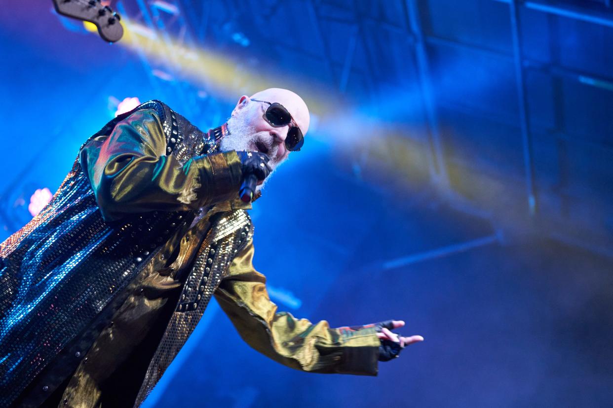 Rob Halford of Judas Priest performs on stage during Coopstock 2 at the Las Sendas Golf Club in Mesa, Arizona.