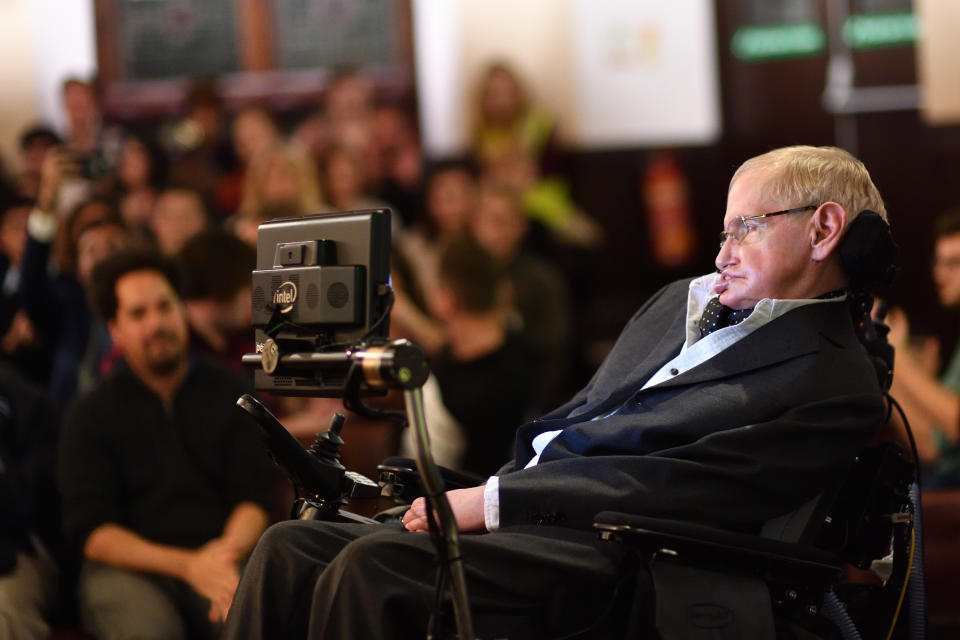 Professor Stephen Hawking addressing The Cambridge Union on Nov. 21, 2017 in Cambridge, Cambridgeshire.