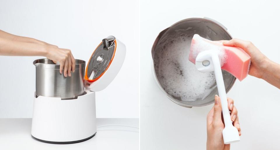 Person cleaning Carepod humidifier with sponge and soap