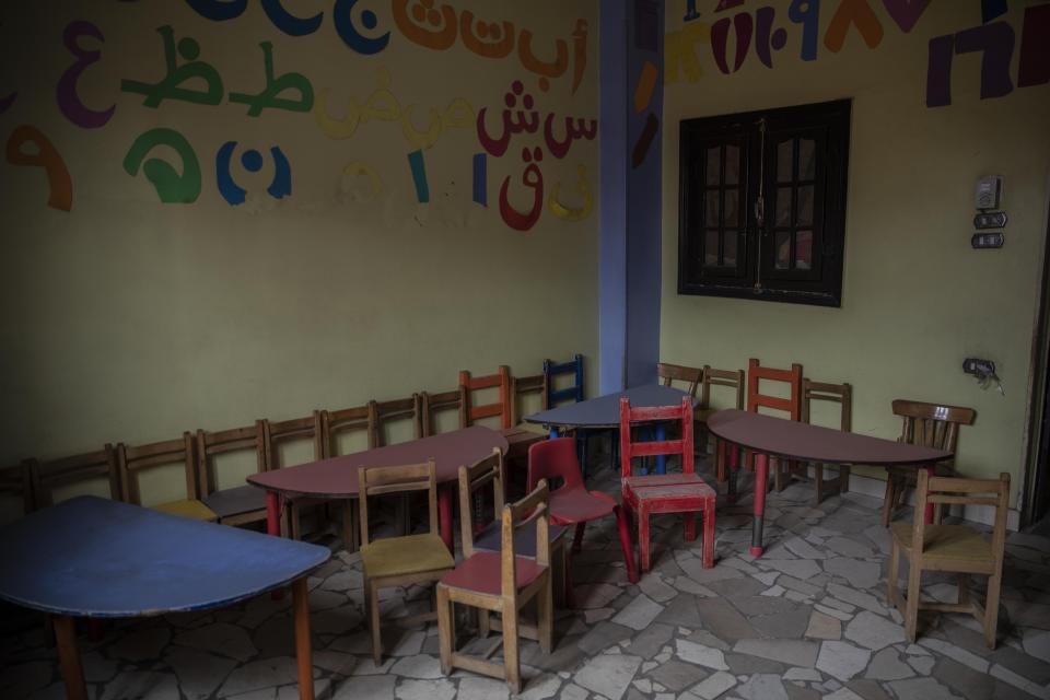 A nursery built by non-governmental organization Resala Nour Ala Nour is closed due to the coronavirus outbreak, in an impoverished area of Cairo, Egypt, Thursday, April 9, 2020. (AP Photo/Nariman El-Mofty)