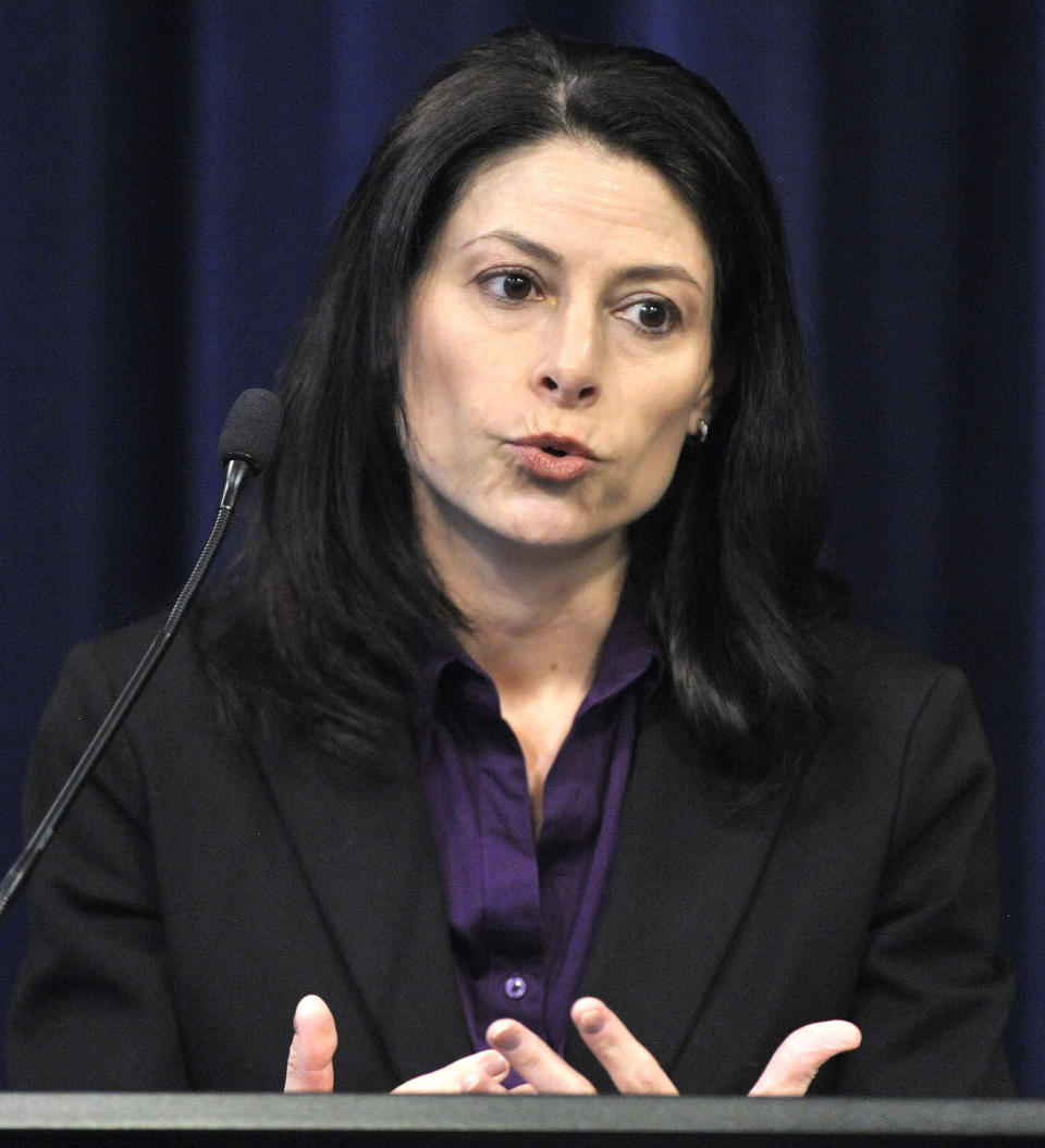 Michigan Attorney General Dana Nessel speaks during a news conference in Lansing, Mich., Tuesday, March 5, 2019, to announce she has filed a charge of first-degree murder against Floyd Galloway Jr. for the murder of 28-year-old Danielle Stislicki, who went missing December 2016 and has never been found. (Todd McInturf/Detroit News via AP)