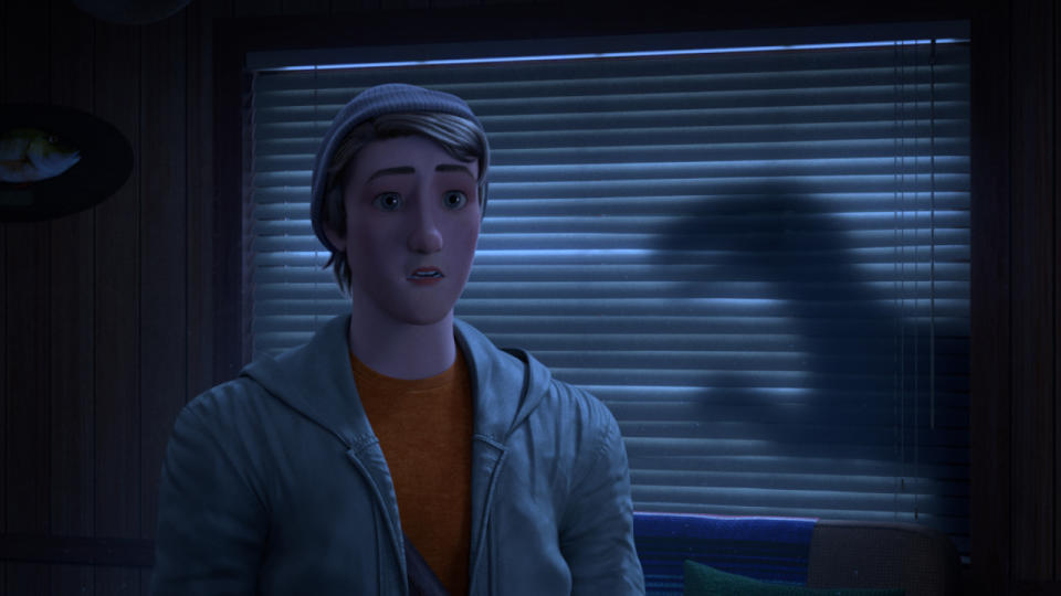 Ben stands stunned next to the shadow of an Atrociraptor in Jurassic World: Chaos Theory.