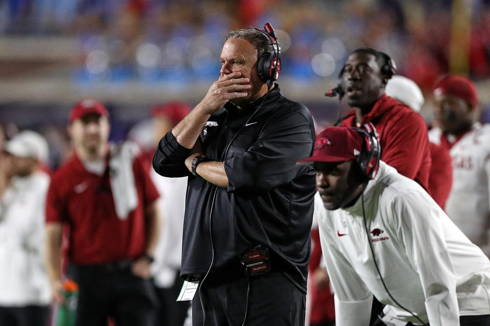 OXFORD, MISSISSIPPI – OCTOBER 07: Head coach Sam Pittman of the Arkansas Razorbacks looks on from the sideline during the first half against the Mississippi Rebels at Vaught-Hemingway Stadium on October 07, 2023 in Oxford, Mississippi. (Photo by Justin Ford/Getty Images)
