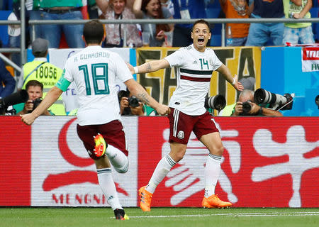 Soccer Football - World Cup - Group F - South Korea vs Mexico - Rostov Arena, Rostov-on-Don, Russia - June 23, 2018 Mexico's Javier Hernandez celebrates scoring their second goal with Andres Guardado REUTERS/Jason Cairnduff