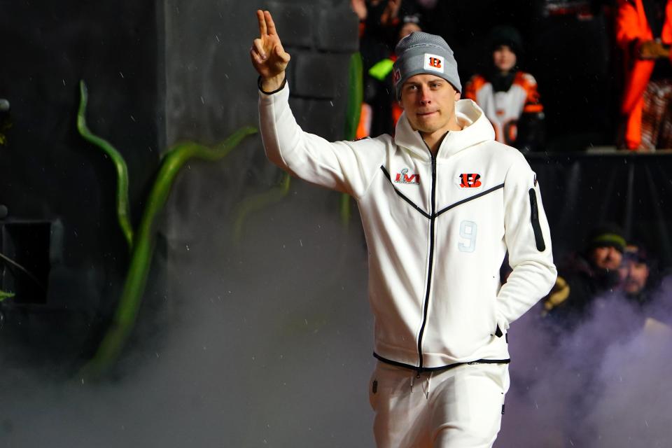 Cincinnati Bengals quarterback Joe Burrow (9) is introduced during the Super Bowl LVI Opening Night Fan Rally, Monday, Feb. 7, 2022, at Paul Brown Stadium in Cincinnati. The Cincinnati Bengals are set to face off against the Los Angeles Rams in Super Bowl LVI, Sunday, Feb. 13, at SoFi Stadium in Inglewood, Calif. 