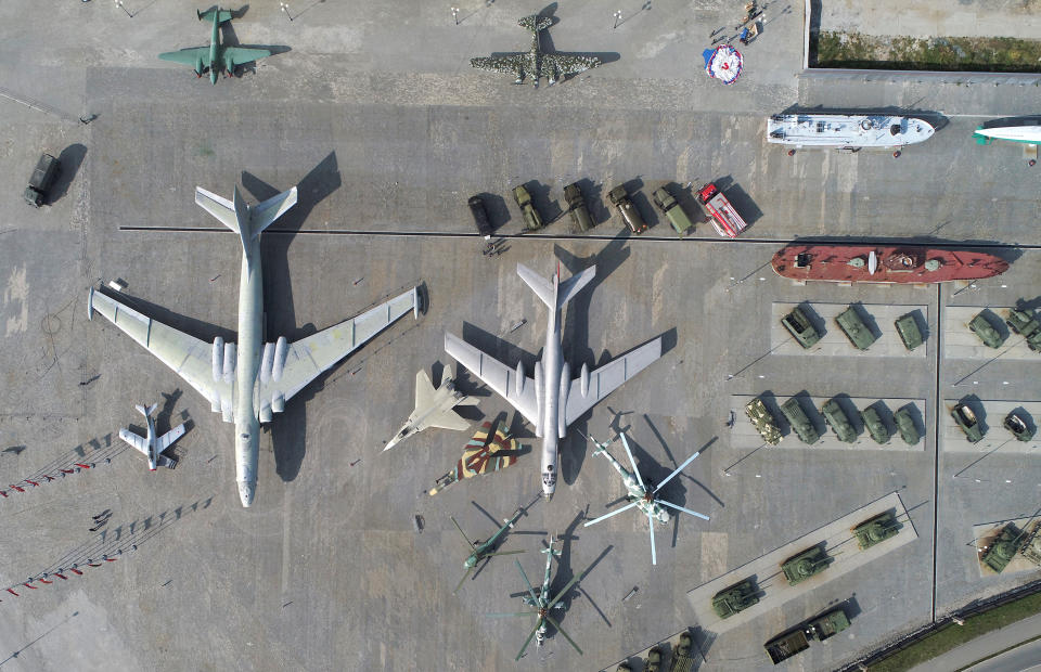 SVERDLOVSK REGION, RUSSIA  AUGUST 14, 2021: A Mikoyan-Gurevich MiG-15UTI jet training aircraft, a Soviet Myasishchev M-4 strategic bomber (NATO reporting name Bison), and a Tupolev Tu-16LL flying laboratory, from left, on display at the museum complex of the Ural Mining and Metallurgical Company (UMMC) during Russian Air Force Day celebrations. Donat Sorokin/TASS (Photo by Donat Sorokin\TASS via Getty Images)