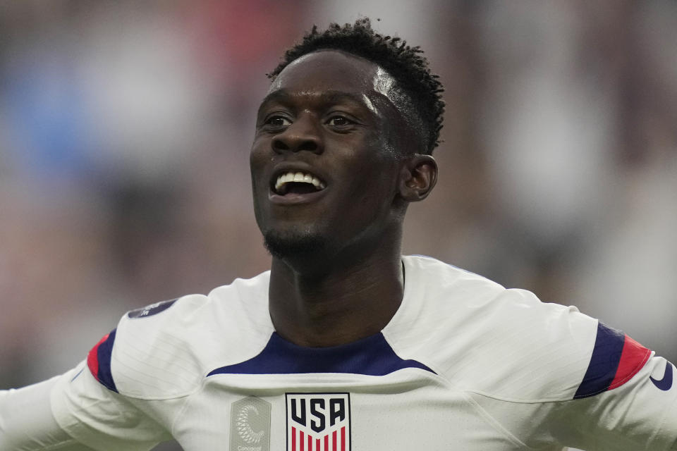 Folarin Balogun of the United States celebrates after scoring against Canada during the first half of a CONCACAF Nations League final match Sunday, June 18, 2023, in Las Vegas. (AP Photo/John Locher)