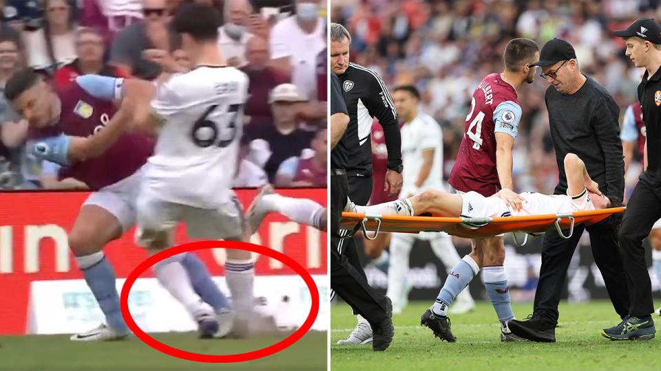 Pictured left, the John McGinn tackle on Archie Gray that saw the Leeds youngster stretchered off the field in agony. 