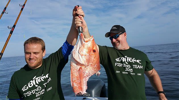 This is what is believed to be the remains of the Red Snapper after the shark gulped half of it whole. Photo: Supplied