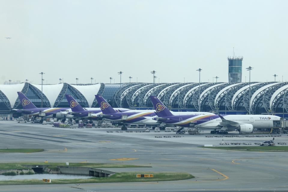 Thai Airways International Pcl aircraft at Suvarnabhumi Airport in Bangkok, Thailand, on Monday, Sept. 25, 2023. 