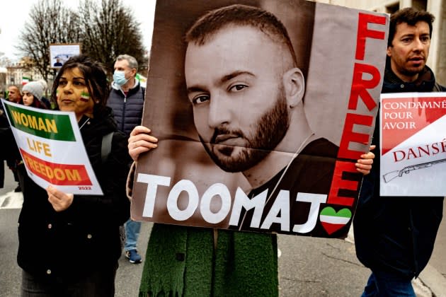 Protesters in Lyon, France advocating for the release of Toomaj Salehi in Jan. 2023. - Credit: Robert Deyrail/Gamma-Rapho/Getty Images