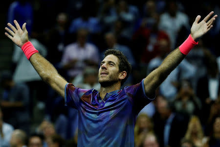 Tennis - US Open - Quarterfinals - New York, U.S. - September 6, 2017 - Juan Martin del Potro of Argentina celebrates his win against Roger Federer of Switzerland. REUTERS/Shannon Stapleton TPX IMAGES OF THE DAY