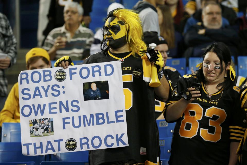 A Hamilton Tiger Cats fan supports his team before the CFL eastern final football game against the Toronto Argonauts in Toronto, November 17, 2013. REUTERS/Mark Blinch (CANADA - Tags: SPORT FOOTBALL)