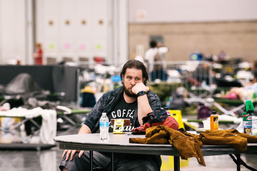 Andrew Steven rests at the Oregon Convention Center cooling station in Oregon, Portland on June 28, 2021, as a heatwave moves over much of the United States.