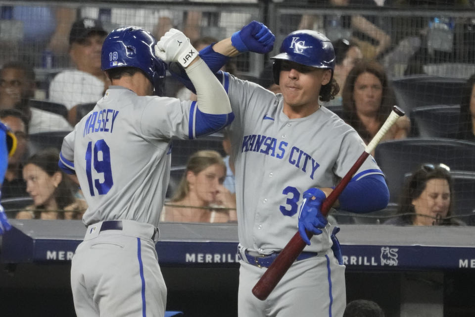 Kansas City Royals' Michael Massey (19) celebrates with Nick Pratto, right, after hitting a solo home run in the eighth inning of a baseball game against the New York Yankees, Friday, July 21, 2023, in New York. (AP Photo/Mary Altaffer)