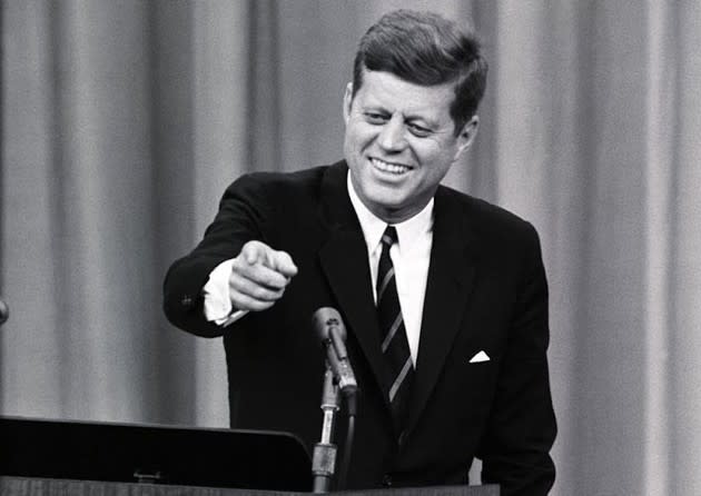 President John F. Kennedy at a press conference, around the time he was getting annoyed by coverage from the NY <em>Herald Tribune. </em> (WIkipedia)