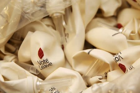 Uninflated Vote Leave ballons are pictured at the Vote Leave campaign, who want Britain to leave the European Union (EU), at their offices in London, Britain, in this December 17, 2015 file photo. REUTERS/Luke MacGregor/Files