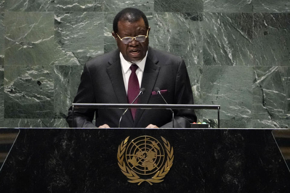 Namibia President Hage Geingob addresses the 78th session of the United Nations General Assembly, Wednesday, Sept. 20, 2023. (AP Photo/Richard Drew)