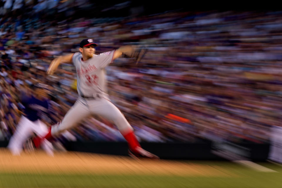 DENVER, CO - JUNE 25: Starting pitcher Stephen Strasburg #37 of the Washington Nationals delivers to home plate during the fifth inning against the Colorado Rockies at Coors Field on June 25, 2012 in Denver, Colorado. (Photo by Justin Edmonds/Getty Images)