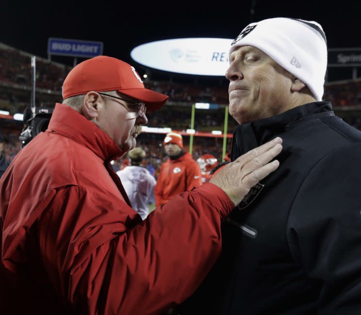 Andy Reid and Jack Del Rio with an icy meeting after the Chiefs' win. (AP)