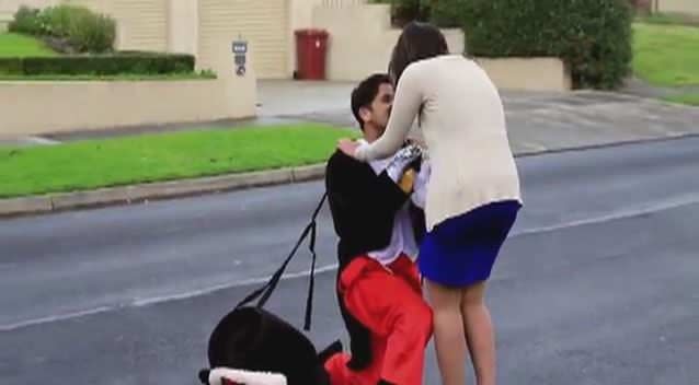 Jehan Ratnatunga gets down on bended knee after serenading his girlfriend with a magical display. Photo: YouTube