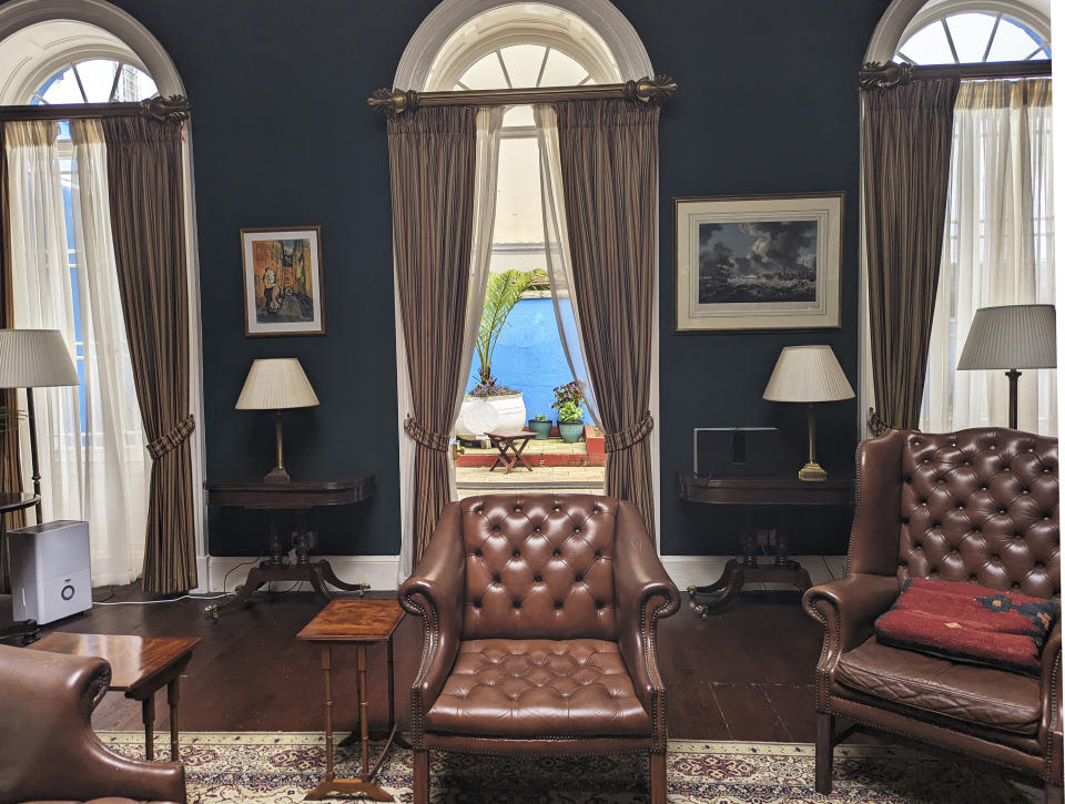 The library inside Plantation House, the official residence of the governor of the British overseas territory of St. Helena, is pictured Thursday, Feb. 22, 2024. (AP Photo/Nicole Evatt)