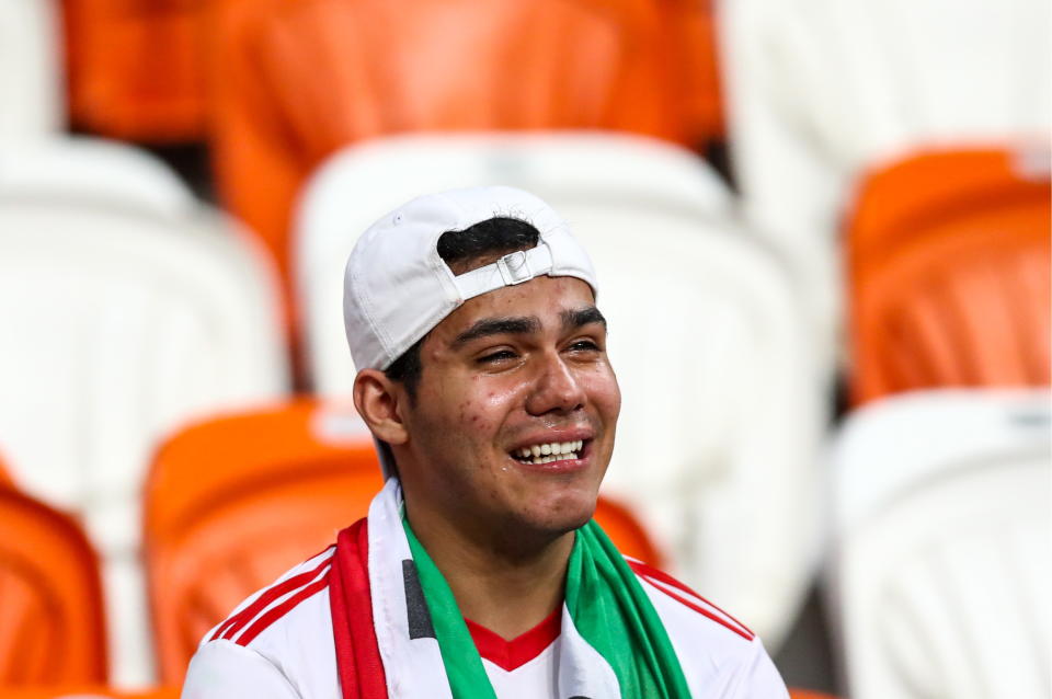 <p>Iran’s supporter reacts after their 2018 FIFA World Cup Group B football match against Portugal at Mordovia Arena Stadium. The game ended in a 1:1 draw. Stanislav Krasilnikov/TASS (Photo by Stanislav Krasilnikov\TASS via Getty Images) </p>