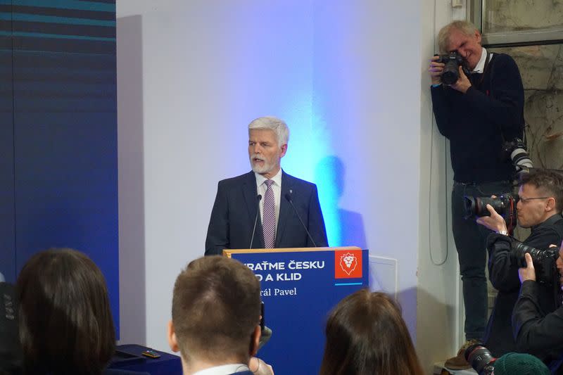 Czech presidential candidate Pavel speaks on the day of the first round of the election, in Prague