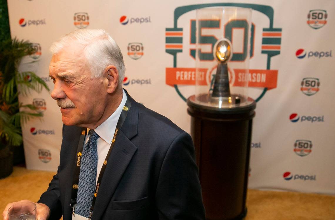 Former Miami Dolphins fullback Larry Csonka attends a gala at the Seminole Hard Rock Guitar Hotel on Saturday, Oct. 22, 2022, in Hollywood, Fla. The event was held to celebrate the 50th anniversary of the Miami Dolphins’ 1972 perfect season.