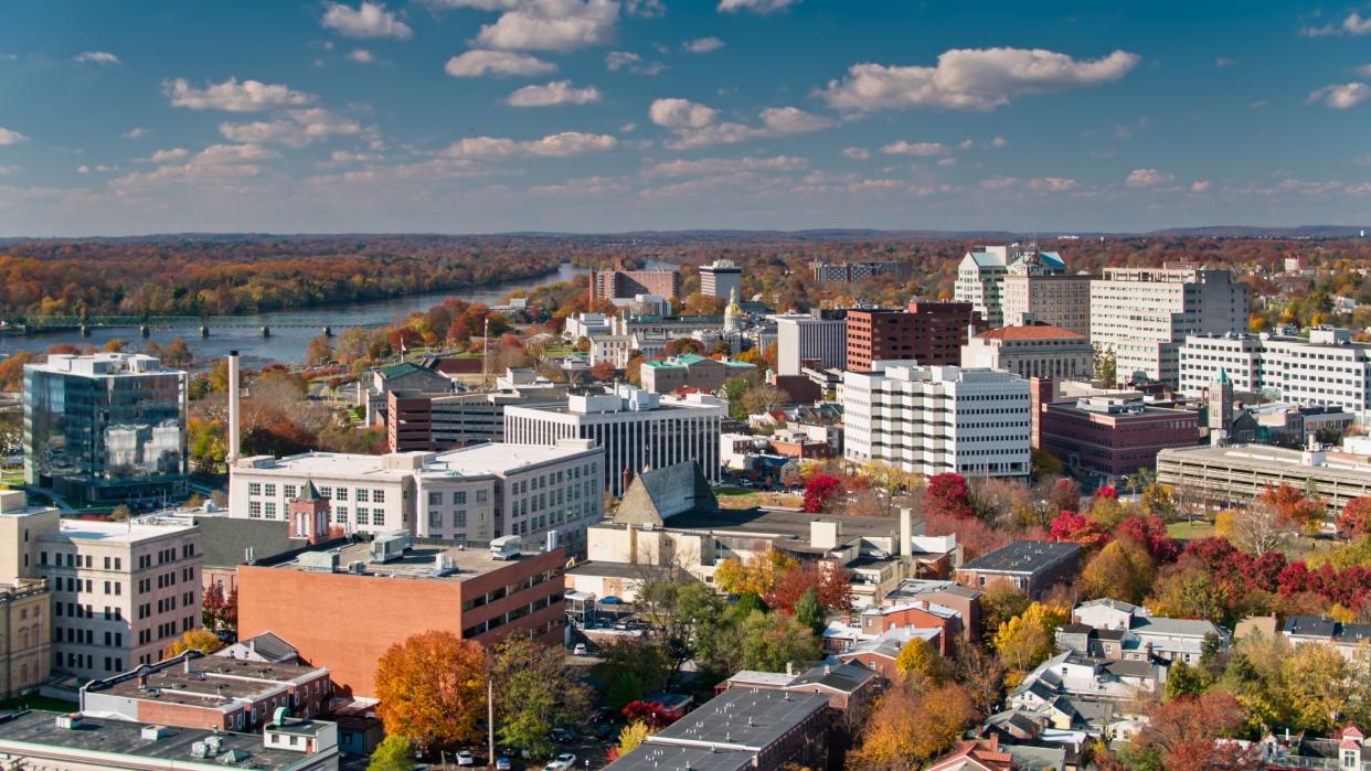 Aerial shot of Trenton, New Jersey on a sunny afternoon in Fall. Authorization was obtained from the FAA for this operation in restricted airspace.